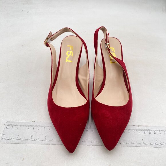 FSJ Women Classic Slingback Pumps Low Kitten Mid Heels Sandals Pointy Toe Red - Picture 3 of 8